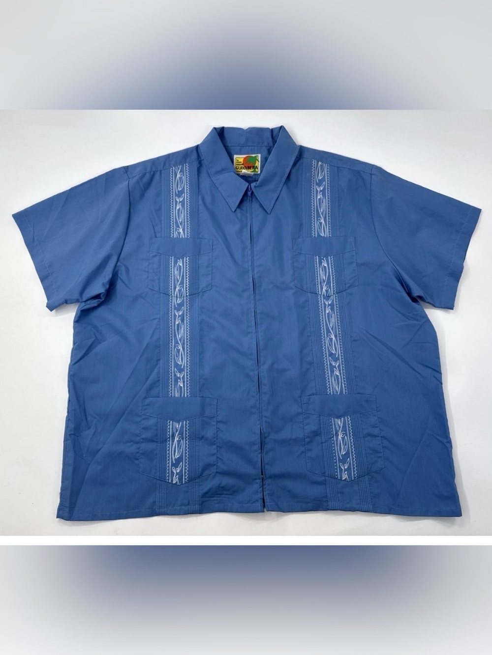 Haband Guayabera Embroidered Short Sleeve Shirt Mens 2XL Blue 4-Pocket NWOT